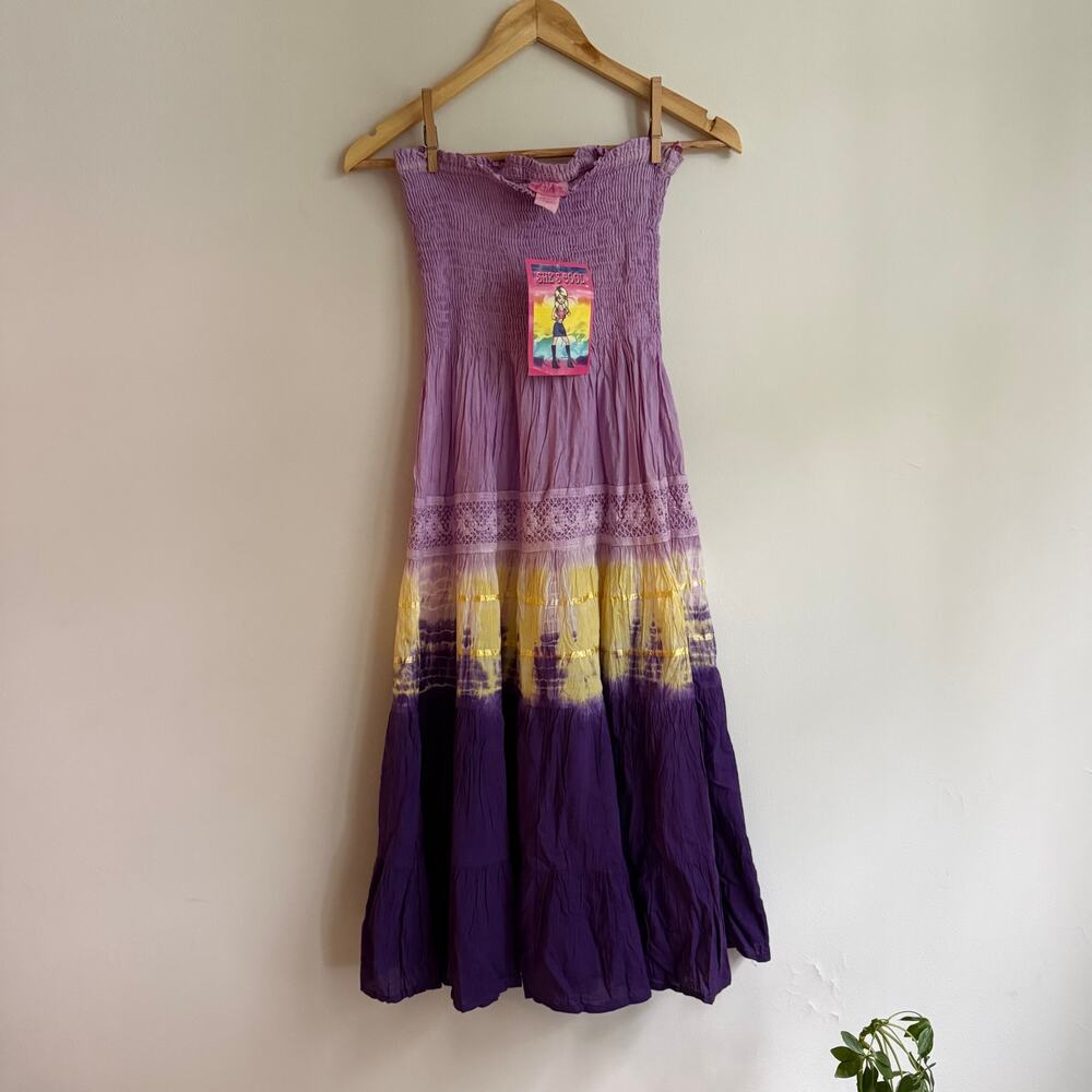 Y2K Vintage Deadstock She's Cool Strapless Boho Purple Tie Dye Dress Size M NWT - Picture 4 of 8